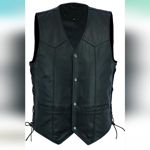 Men's Classic Motorbike Biker Leather Vest with Side Laces - Picture 1 of 3